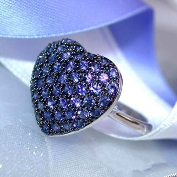 🎁 Sweet Large Heart Royal Blue Crystal CZ Beautiful Silver Rings Women,PD736